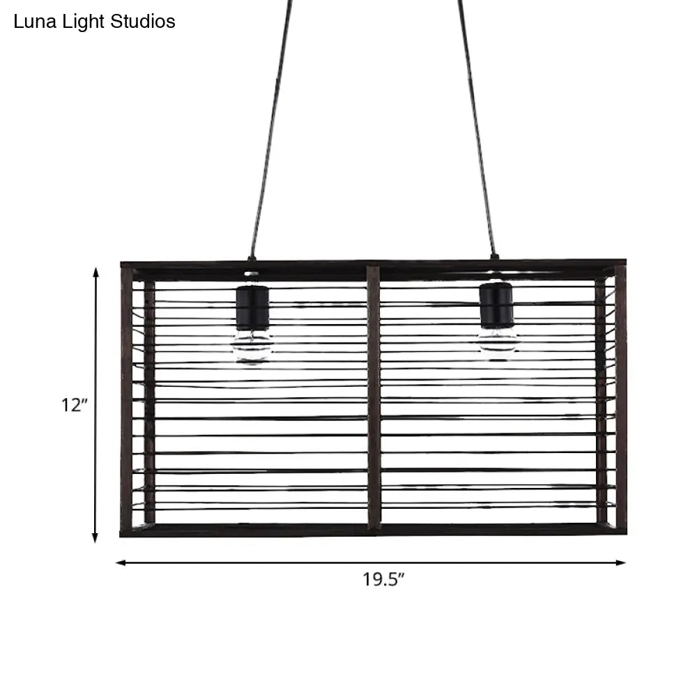 Modern Black Rectangle Cage Island Pendant Light - 16/19.5 W 2-Light Bamboo Suspension Lamp For