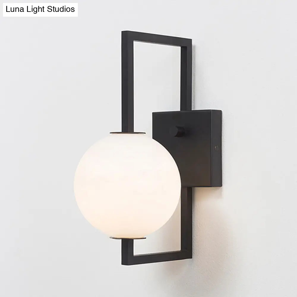 Modern Black Rectangular Wall Sconce With White Glass Orb Shade - 1 Bulb Metal Lighting