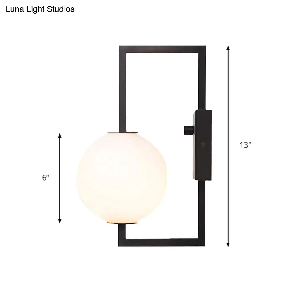 Modern Black Rectangular Wall Sconce With White Glass Orb Shade - 1 Bulb Metal Lighting