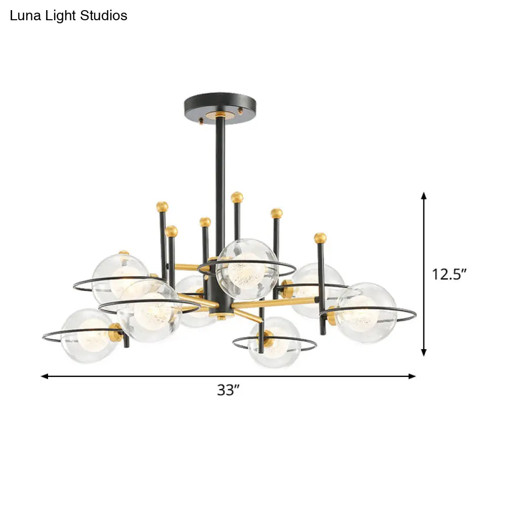 Modern Black Round Ceiling Light Fixture: 8-Light Clear Glass Chandelier Pendant Lamp