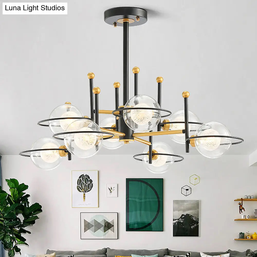 Modern Black Round Ceiling Light Fixture: 8-Light Clear Glass Chandelier Pendant Lamp