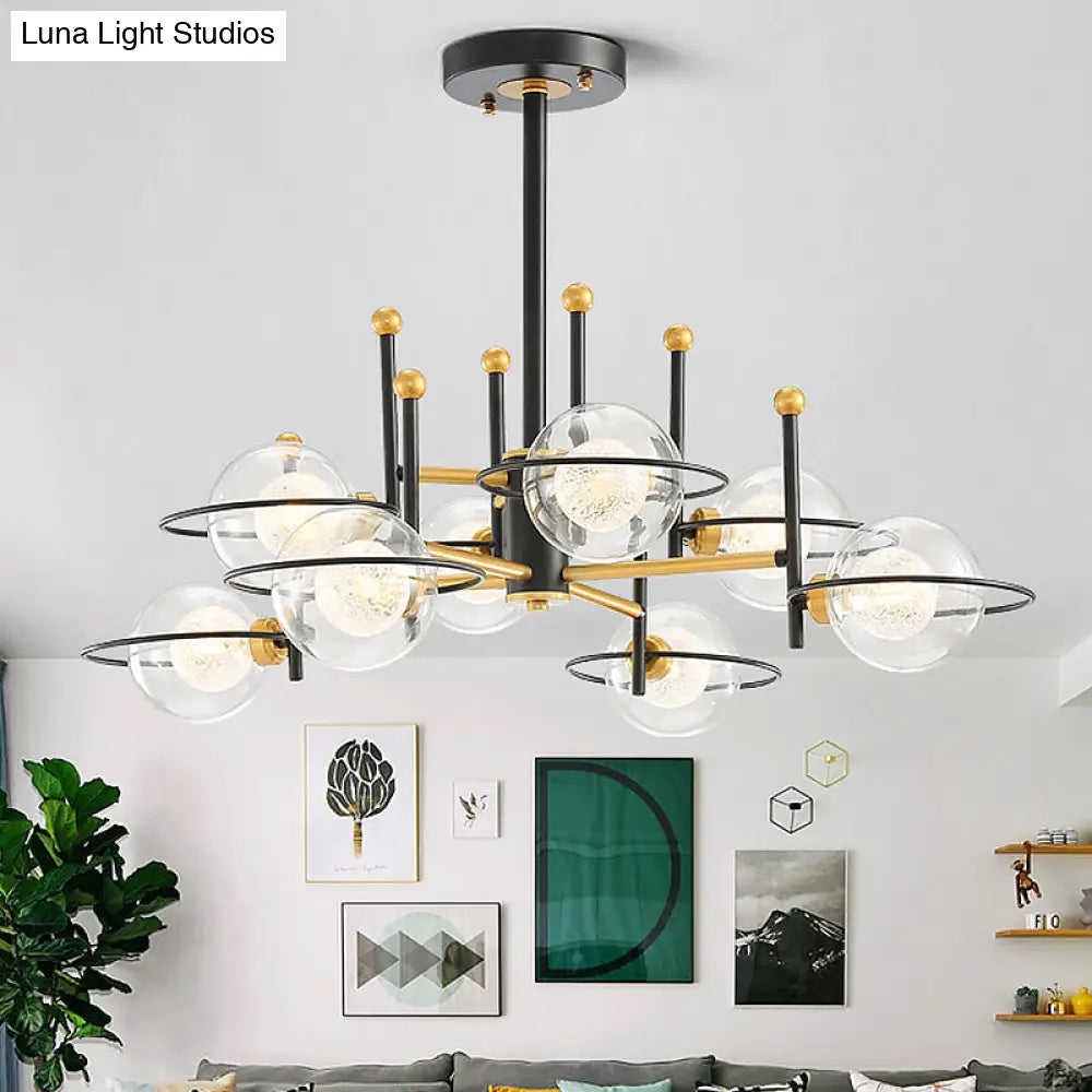 Modern Black Round Ceiling Light Fixture With Clear Glass - 8-Light Vertical Chandelier Pendant Lamp