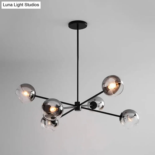 Modern Black Round Chandelier With 6 Grey Glass Pendants - Starburst Design