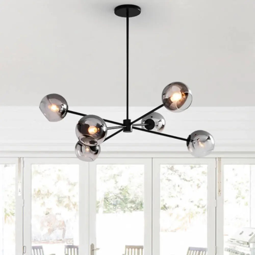 Modern Black Round Chandelier With 6 Grey Glass Pendants - Starburst Design