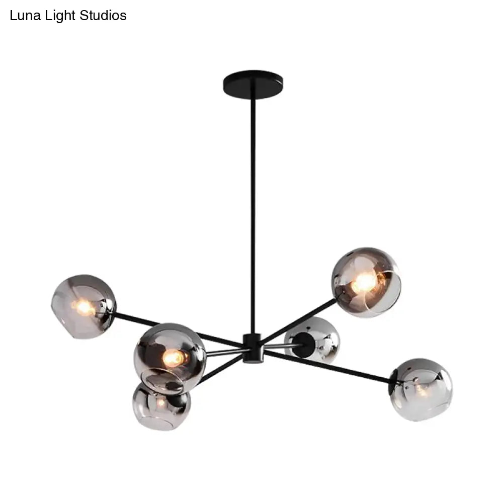 Modern Black Round Chandelier With 6 Grey Glass Pendants - Starburst Design