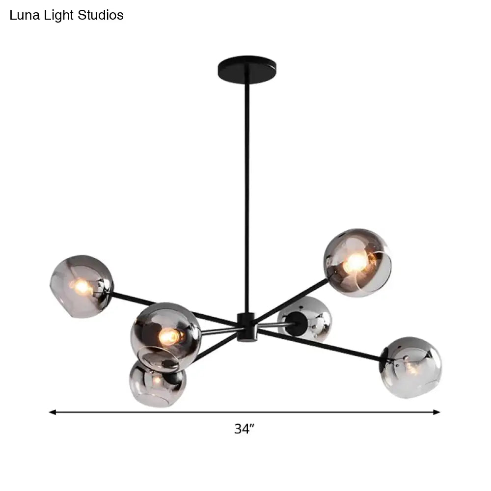 Modern Black Round Chandelier With 6 Grey Glass Pendants - Starburst Design