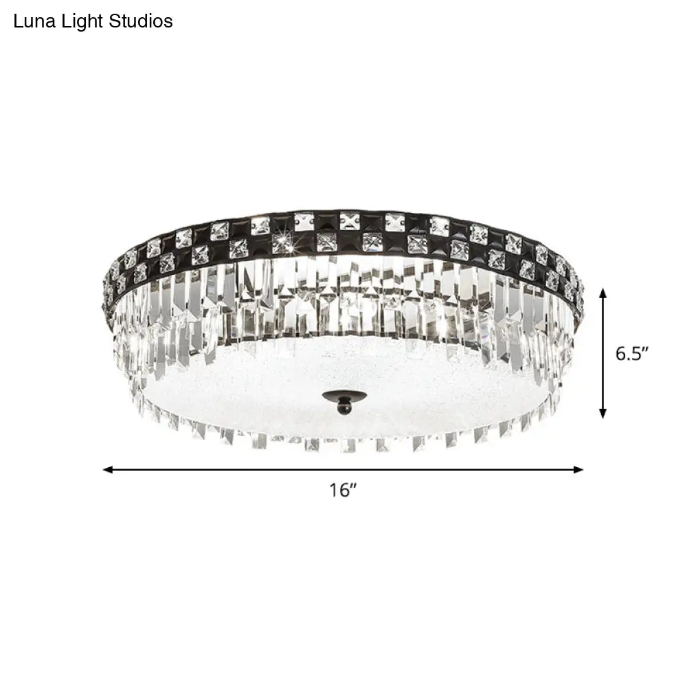 Modern Black Round Flush Mount Ceiling Light With 5 Clear Faceted Crystal Bulbs