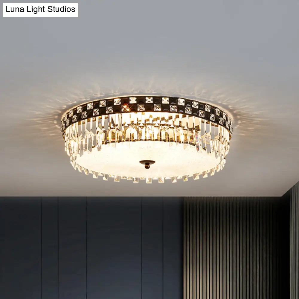 Modern Black Round Flush Mount Ceiling Light With 5 Clear Faceted Crystal Bulbs