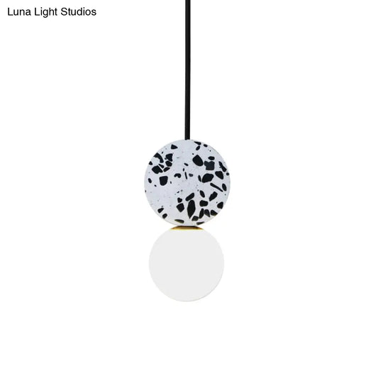 Modern Black Round Led Pendant Lamp With Marble Design And Modo White Glass Shade