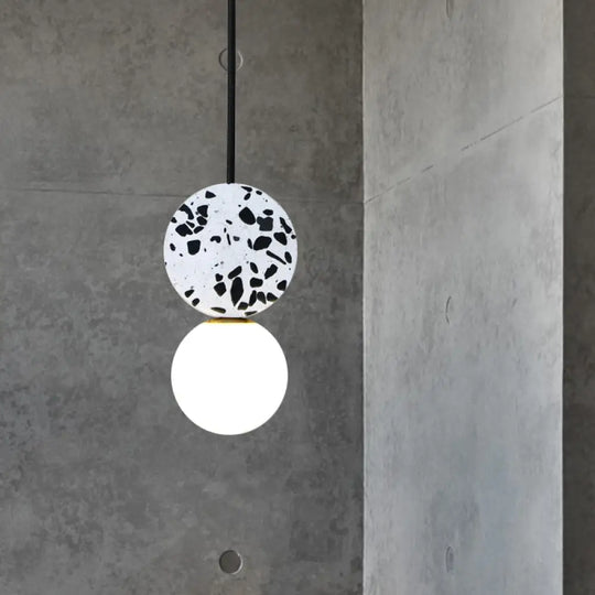 Modern Black Round Led Pendant Lamp With Marble Design And Modo White Glass Shade