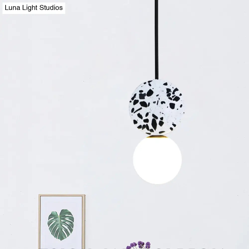 Modern Black Round Led Pendant Lamp With Marble Design And Modo White Glass Shade