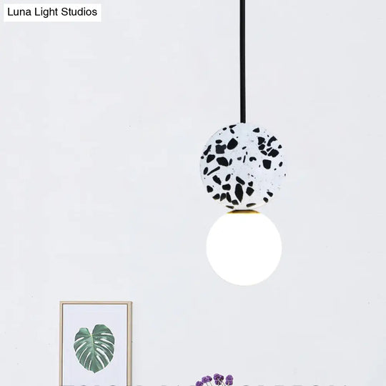 Modern Black Round Led Pendant Lamp With Marble Design And Modo White Glass Shade