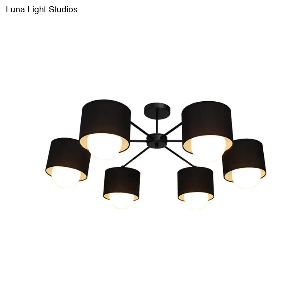 Modern Black Round Semi Flush Mount Ceiling Light - 3/6 Bulbs Fabric Chandelier For Sitting Room