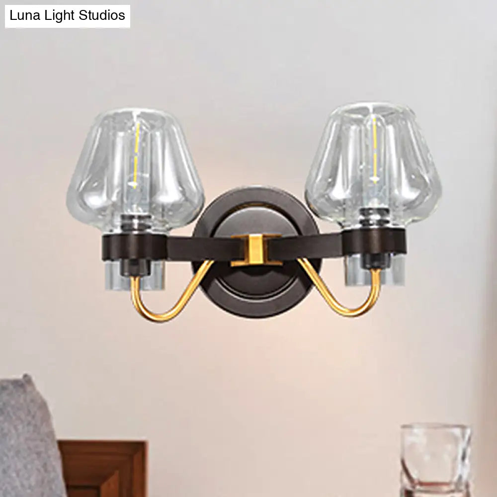 Modern Black Sconce Light With Clear Glass Mushroom Shade - 2-Light Wall Lamp For Bedroom