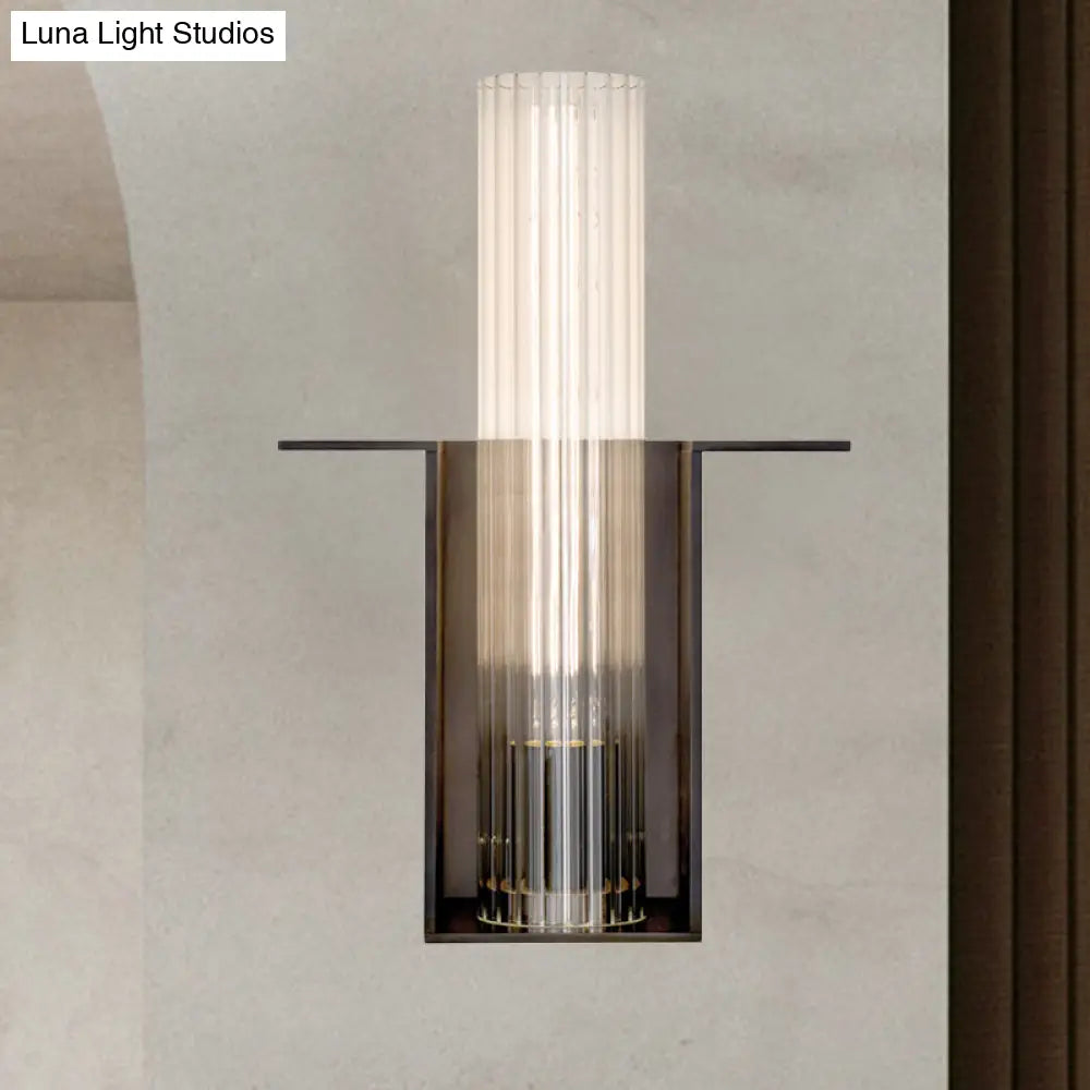 Modern Black Sconce Light With Ribbed Glass Shade For Living Room Wall