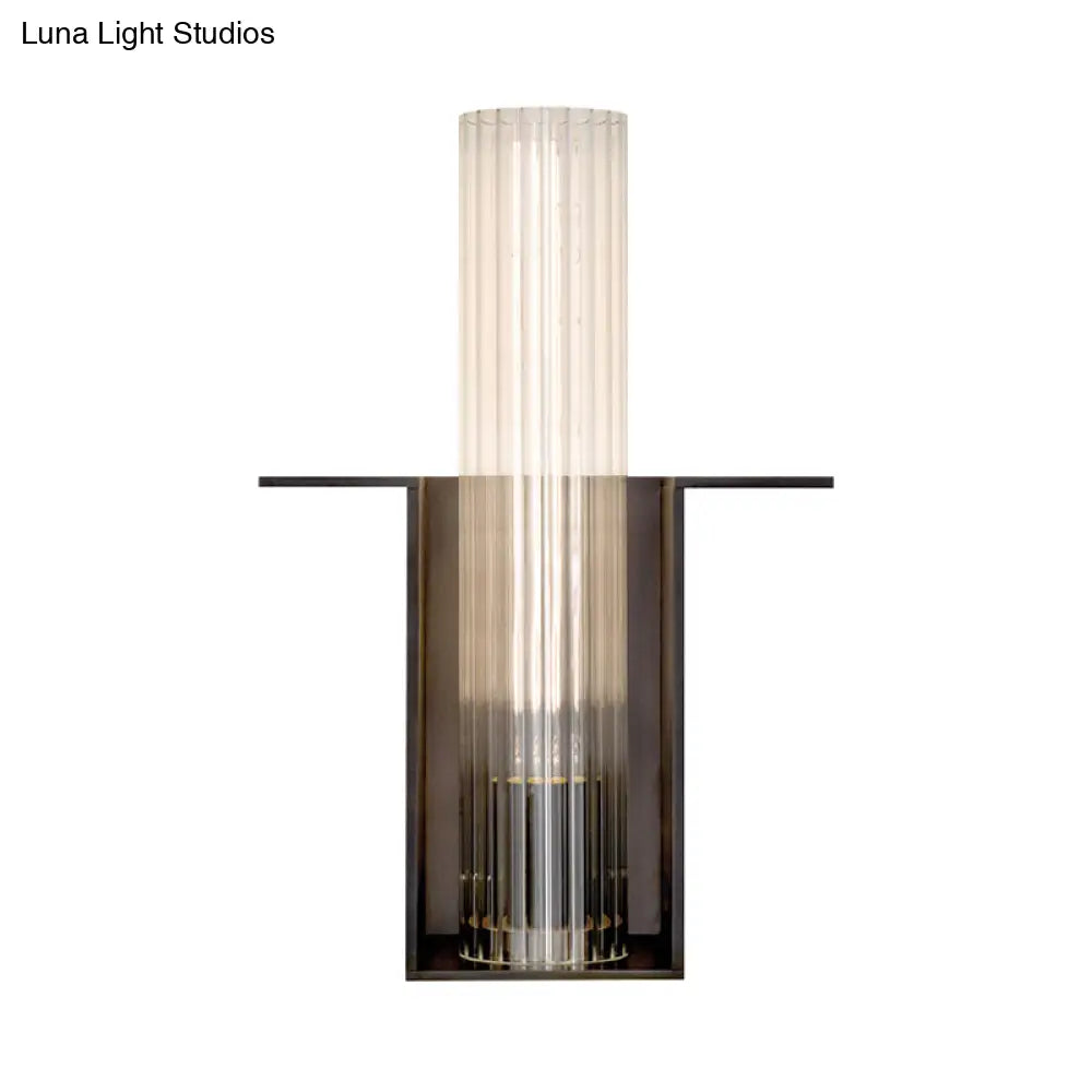 Modern Black Sconce Light With Ribbed Glass Shade For Living Room Wall