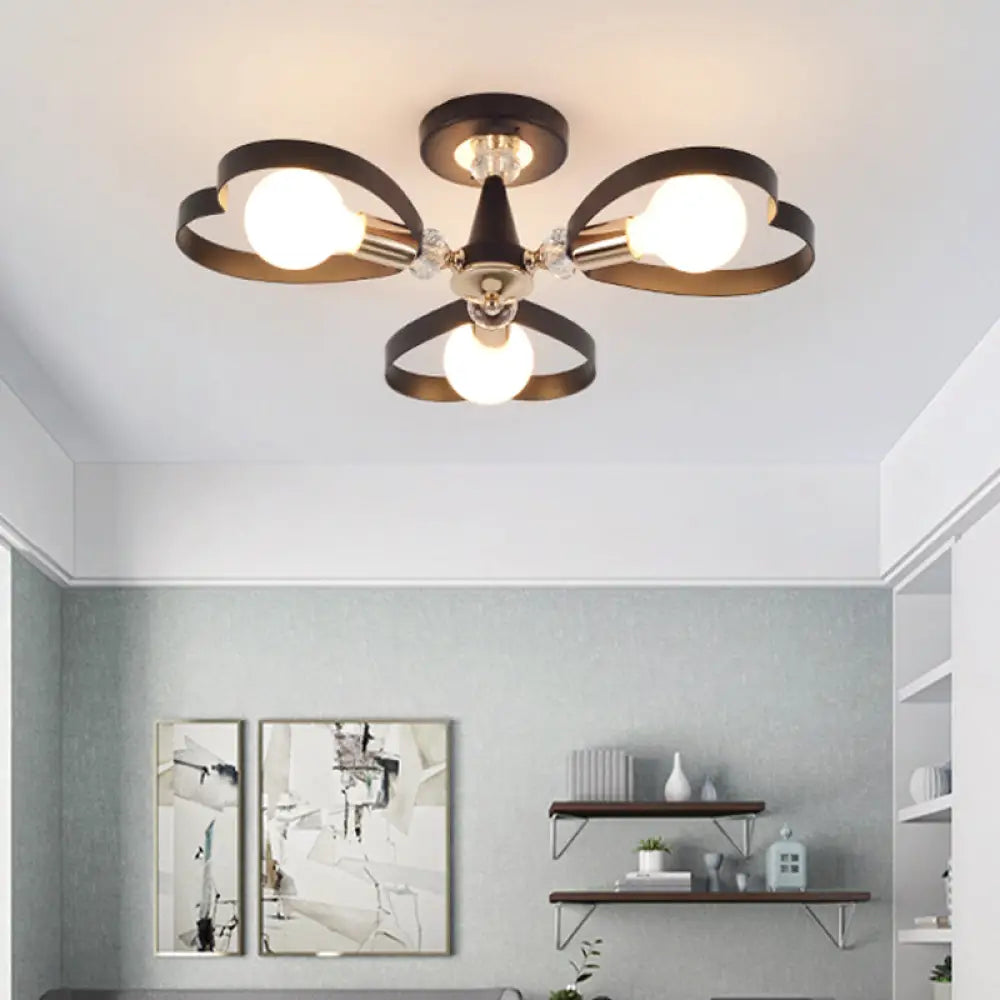 Modern Black Semi Flush Mount Ceiling Lamp With Heart Shade Crystal Ball - 3/6 Heads 3 /