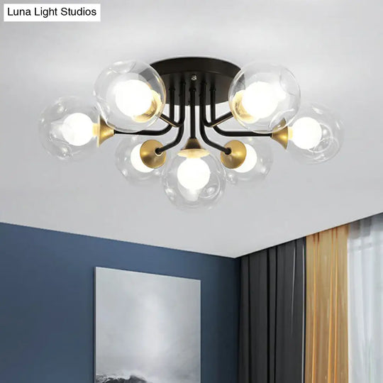 Modern Black Semi-Flush Mount Ceiling Light With Clear And Frosted White Glass Ball - Ideal For