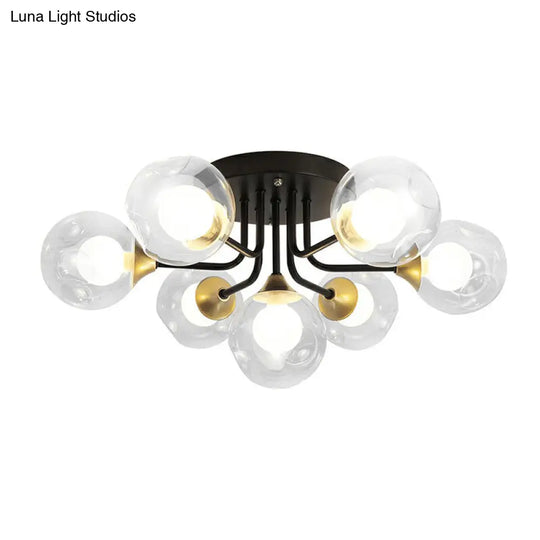 Modern Black Semi-Flush Mount Ceiling Light With Clear And Frosted White Glass Ball - Ideal For