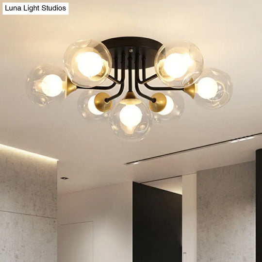 Modern Black Semi - Flush Mount Ceiling Light With Clear And Frosted White Glass Ball - Ideal For