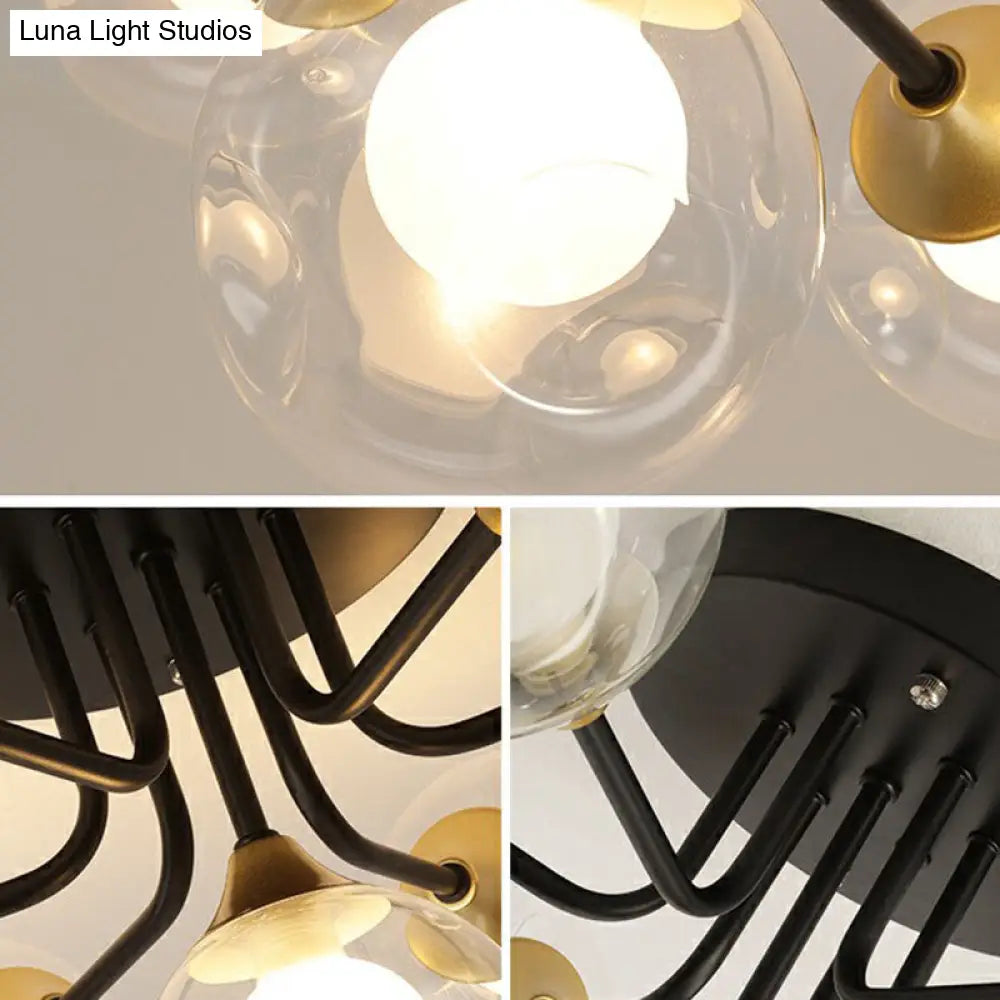 Modern Black Semi-Flush Mount Ceiling Light With Clear And Frosted White Glass Ball - Ideal For