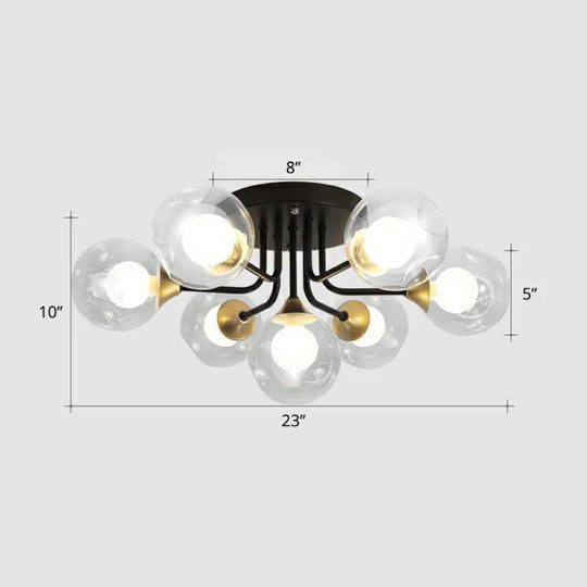 Modern Black Semi - Flush Mount Ceiling Light With Clear And Frosted White Glass Ball - Ideal For