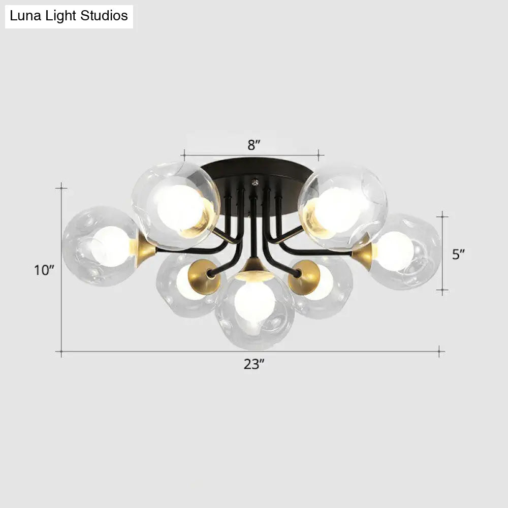 Modern Black Semi-Flush Mount Ceiling Light With Clear And Frosted White Glass Ball - Ideal For