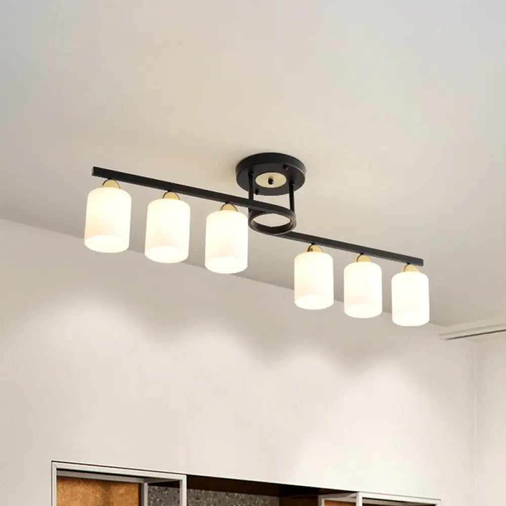 Modern Black Semi Flushmount Ceiling Light With 6 Cylinder Cream Glass Shades