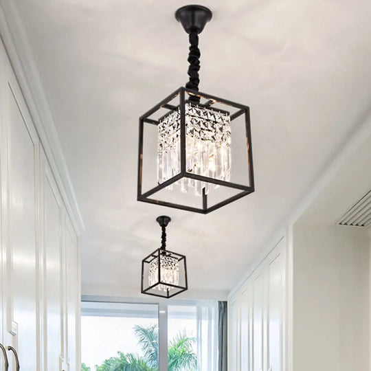 Modern Black Square Crystal Rod Pendant Chandelier With 2 Heads - Ideal For Corridors