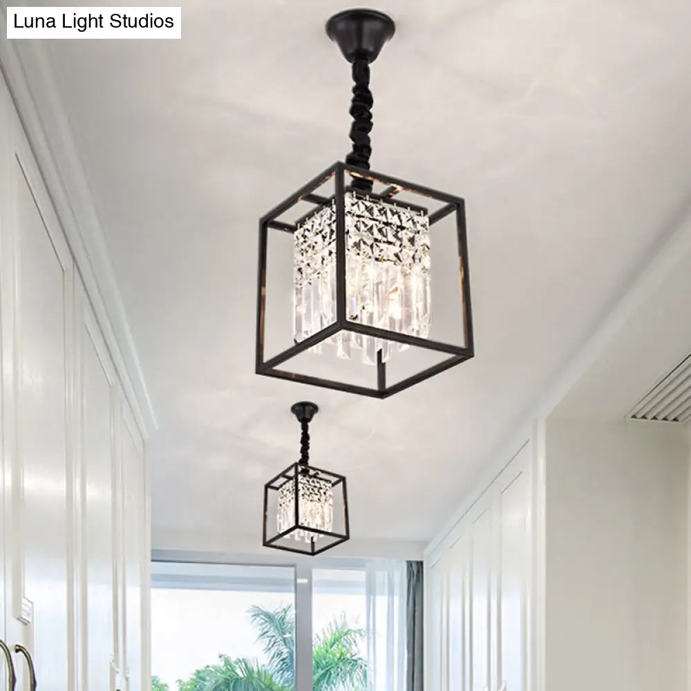 Modern Black Square Suspension Pendant Chandelier - Crystal Rod 2 Heads Corridor Lighting