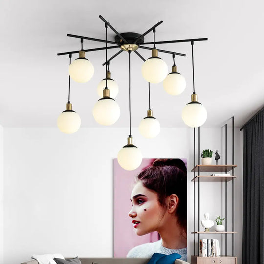 Modern Black Starburst Chandelier With Opal Glass - Elegant Hanging Lamp For Bedroom 4/7/9 Lights 9