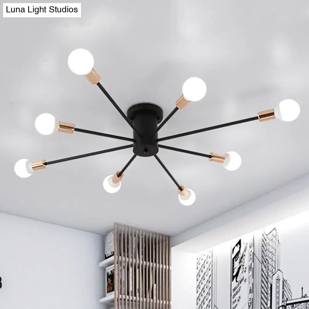 Modern Black Starburst Semi Flush Ceiling Light With Bare Bulb Design - 6/8/10 Lights Ideal For