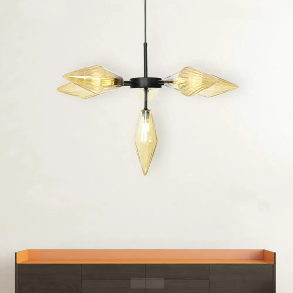 Modern Black Tapered Chandelier Lamp With 6 Amber Glass Heads - Stylish Ceiling Pendant Light