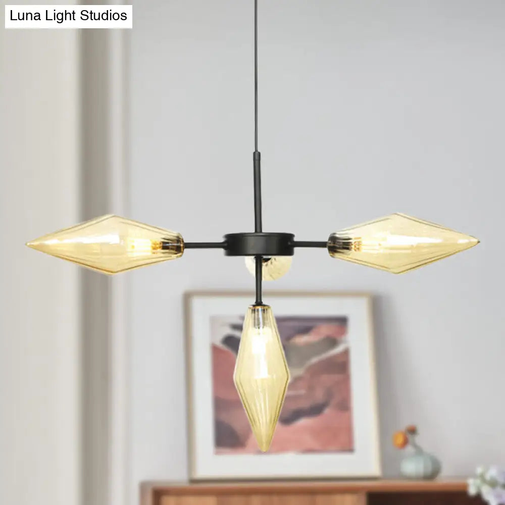 Modern Amber Glass Pendant Chandelier - Black Finish 4 Tapered Heads