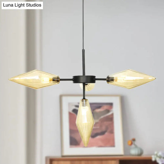 Modern Amber Glass Pendant Chandelier - Black Finish 4 Tapered Heads