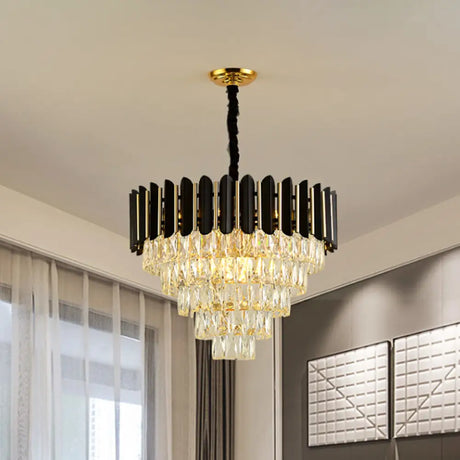 Modern Black Tapered Pendant Chandelier with 6 Crystal Blocks Ceiling Lamp Clear