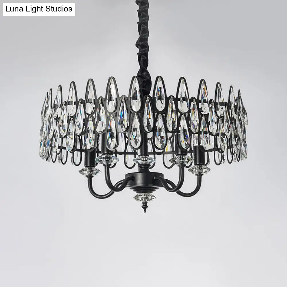 Modern Black Teardrop Chandelier With Drum Design & 4-Light Faceted Crystal Pendant