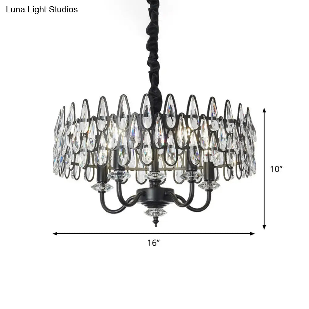 Modern Black Teardrop Ceiling Chandelier With Drum Design - 4-Light Crystal Pendant Lamp