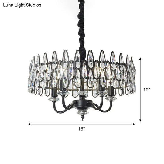 Modern Black Teardrop Ceiling Chandelier With Drum Design - 4-Light Crystal Pendant Lamp