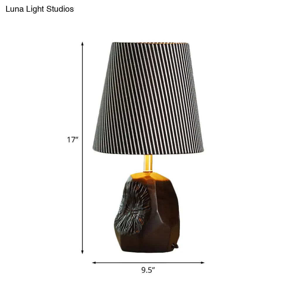 Modern Black Ticking Stripe Table Lamp - 1-Light Conical Design With Hammered Base Ideal For Kitchen