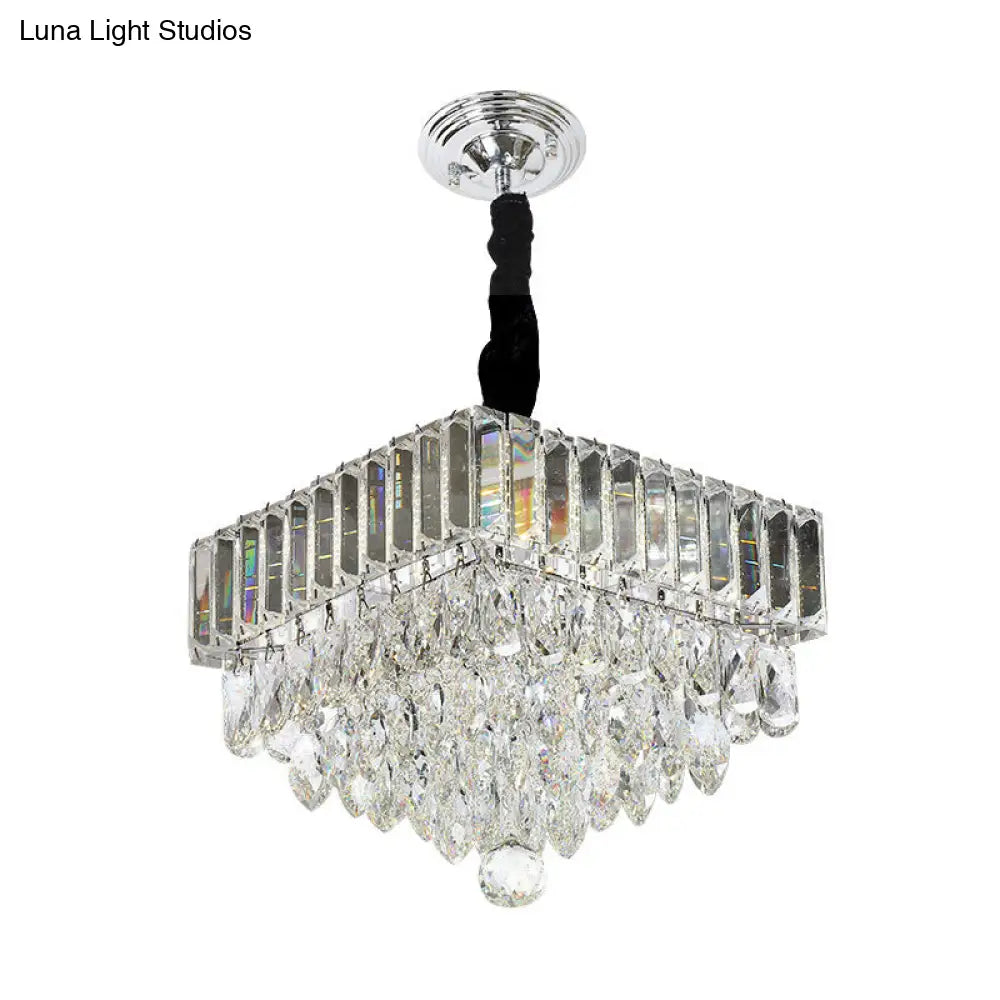 Modern Black Led Crystal Block Suspension Pendant - Tiered Square Design For Dining Room Lighting