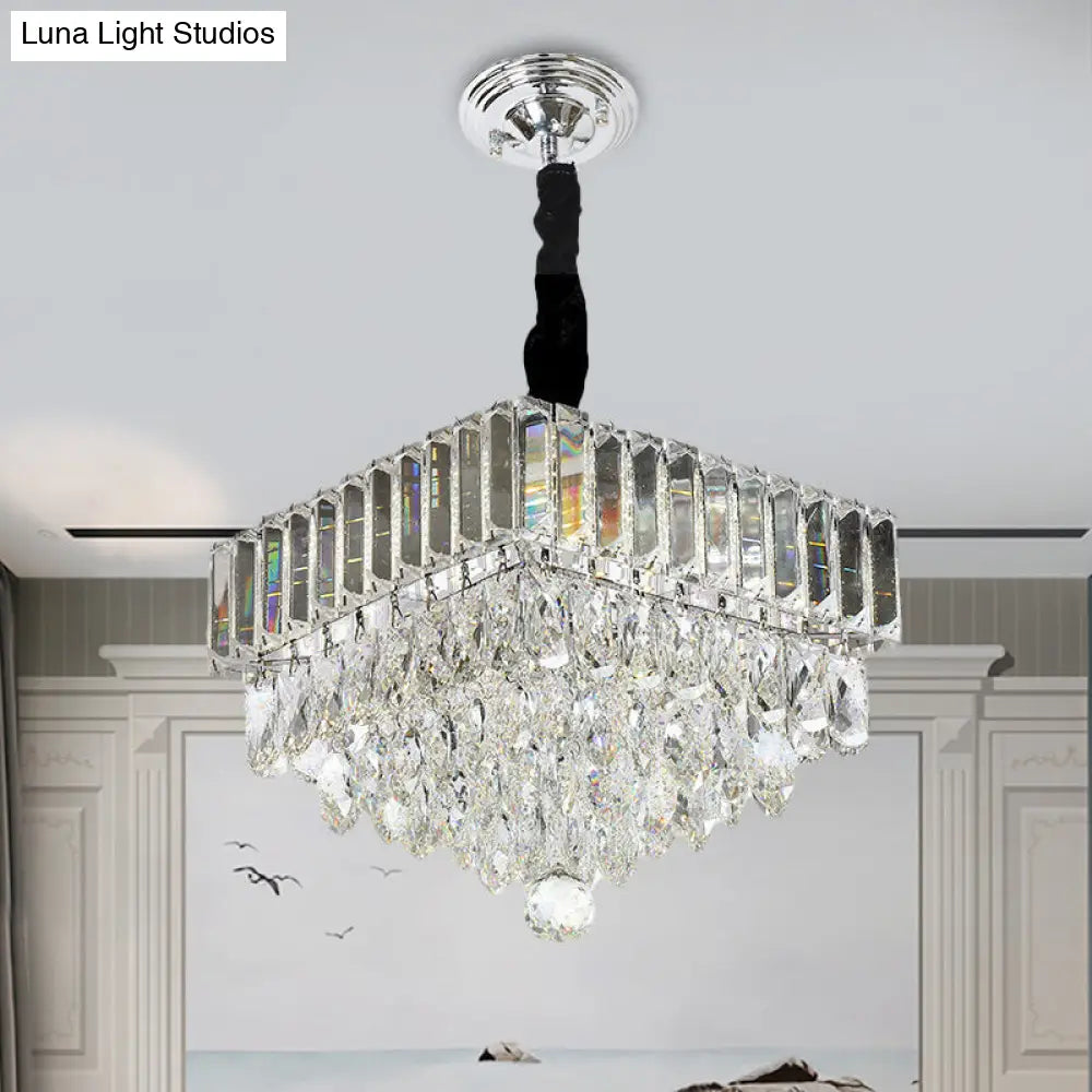 Modern Black Led Crystal Block Suspension Pendant - Tiered Square Design For Dining Room Lighting