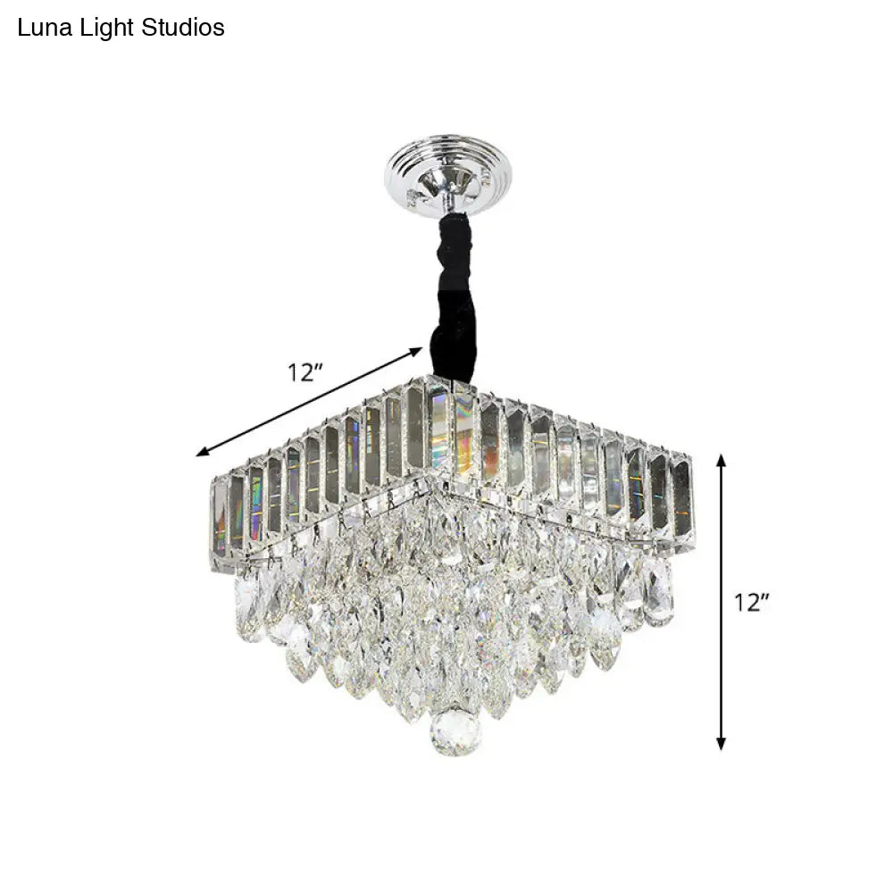 Modern Black Led Crystal Block Suspension Pendant - Tiered Square Design For Dining Room Lighting