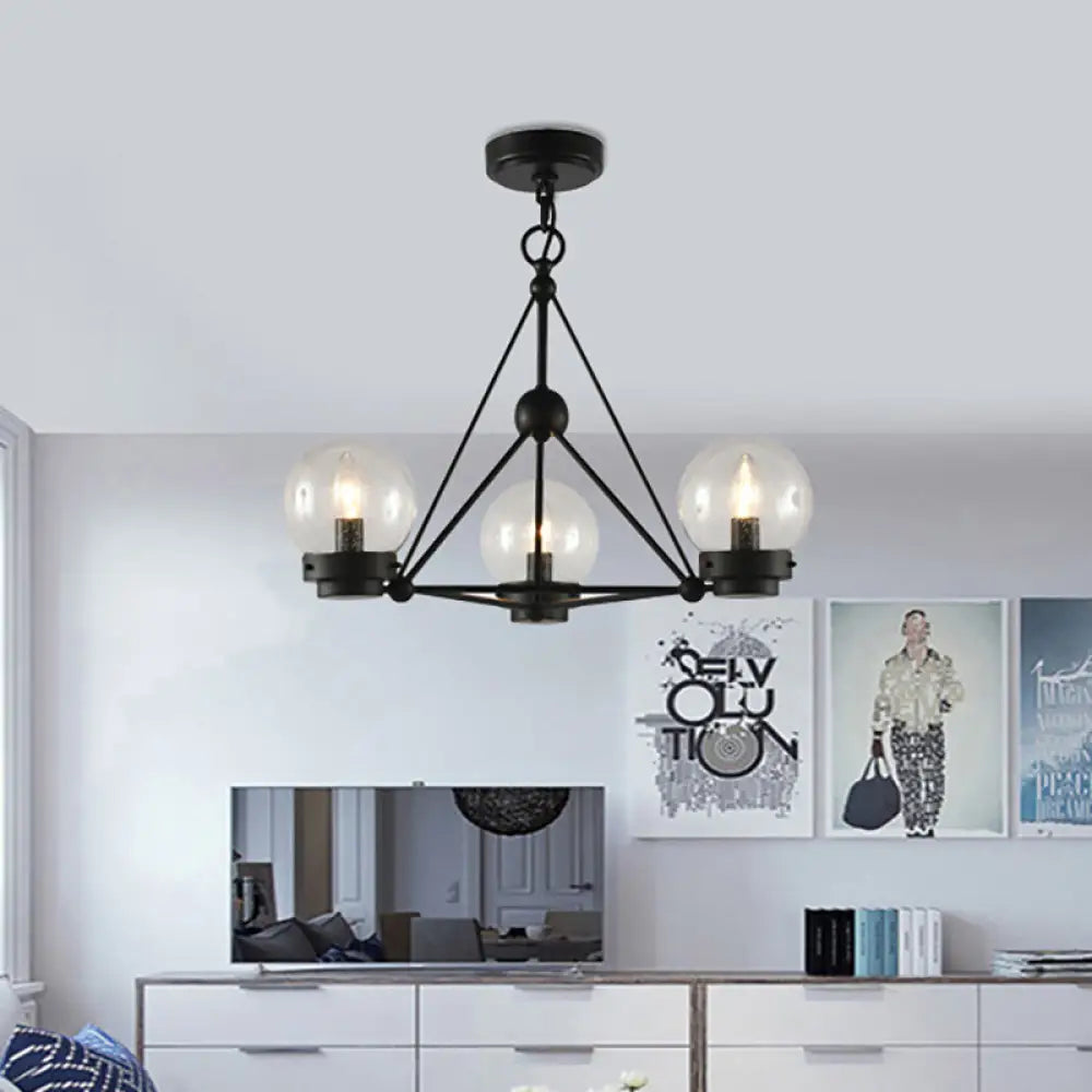 Modern Black Triangle Design Chandelier Pendant With Clear Frosted Glass - 3 Lights Living Room