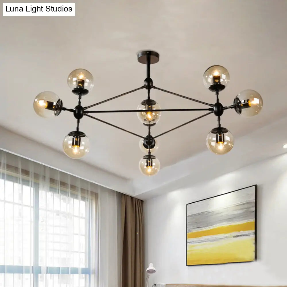 Modern Black Triangle Frame Chandelier With Cognac Glass Shades - 10 Head Metal Pendant Light