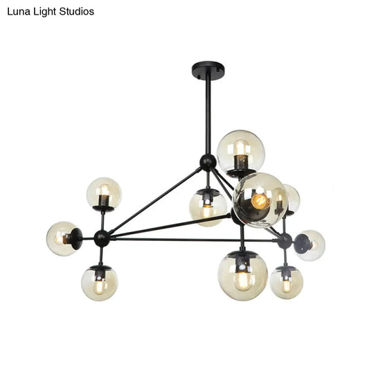 Modern Black Triangle Frame Chandelier With Cognac Glass Shades - 10 Head Metal Pendant Light