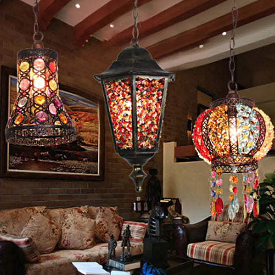 Modern Black Turkish Stained Glass Hanging Light For Dining Room - Flared/Lantern/Tapered Style