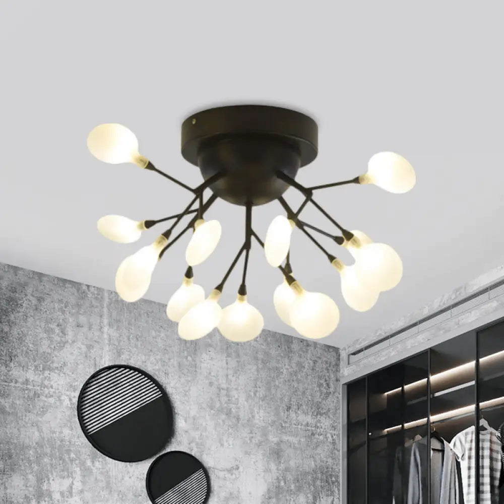 Modern Black Twig Ceiling Light With Round Flower Design - Creative Metallic Semi Flush For Cafes