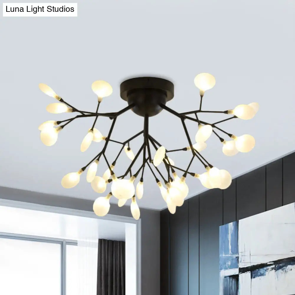 Modern Black Twig Ceiling Light With Round Flower Design - Creative Metallic Semi Flush For Cafes 36