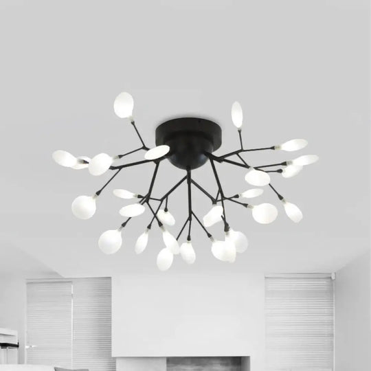 Modern Black Twig Ceiling Light With Round Flower Design - Creative Metallic Semi Flush For Cafes